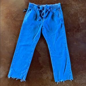 Blue paper bag jeans frayed leg waist size UK14